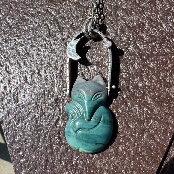 🦊 Trade for K!  Nightdreamer Jasper Swinging Fox and Opal Moon Pendant Necklace - Picture 4 of 16